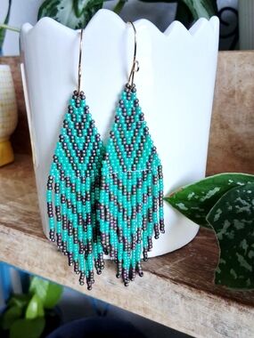 Hand Crafted Turquoise Chevron Beaded Fringe Earrings